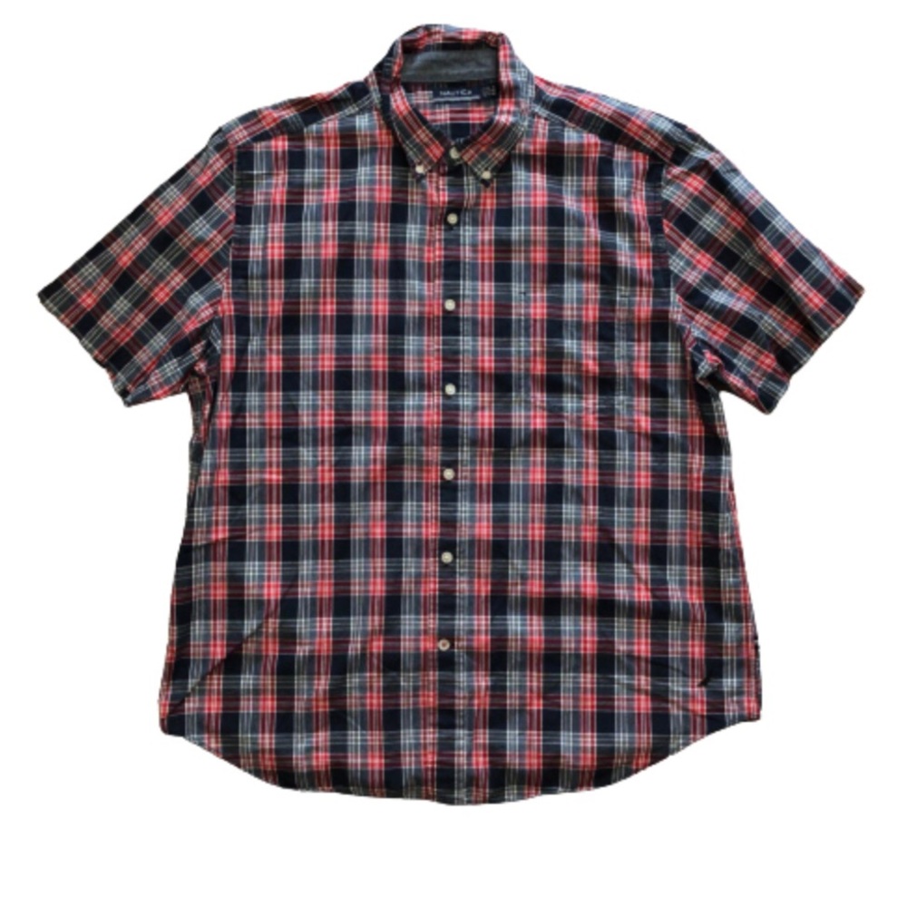 Nautica Red Blue Button Down Cotton Casual Short Sleeve Shirt XL